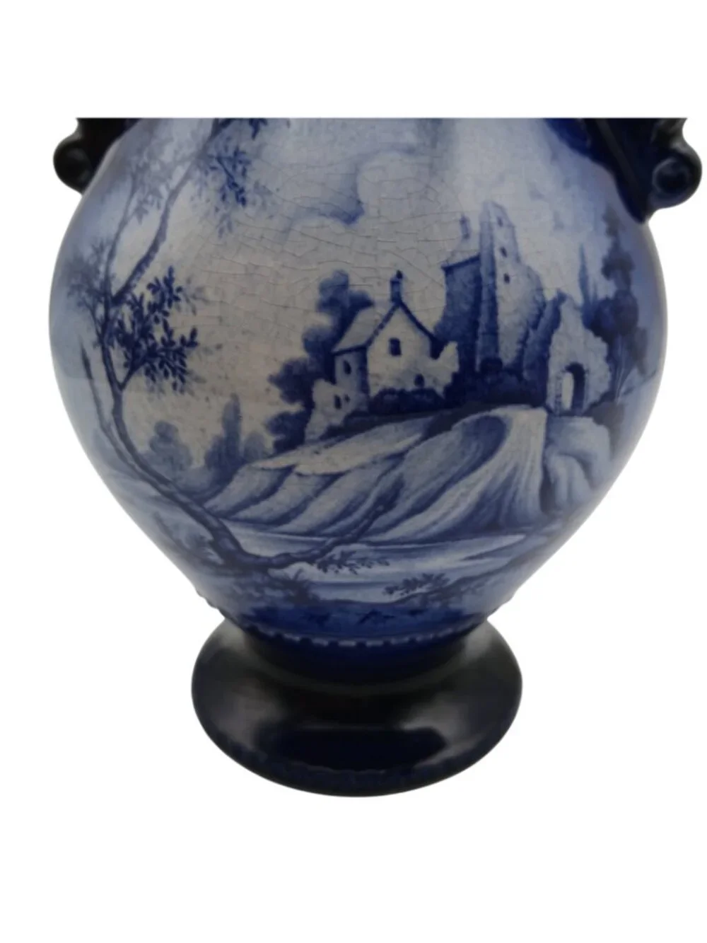 Oldcourt Ware Staffordshire Blue Transferware Vase Double Handle Hand Painted 7.